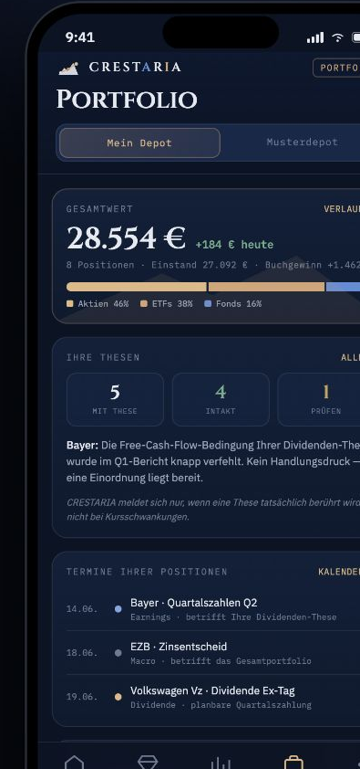 CRESTARIA Portfolio-Ansicht mit Positionen, Thesen und relevanten Terminen